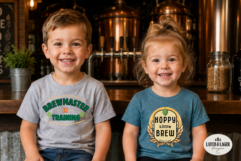 Two children wearing t-shirts with brewing-themed designs in a bar setting.