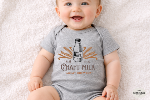 Baby wearing a gray onesie with 'Local Craft Milk' design on a light background