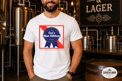 Man wearing a white t-shirt with a blue ribbon logo in a brewery setting