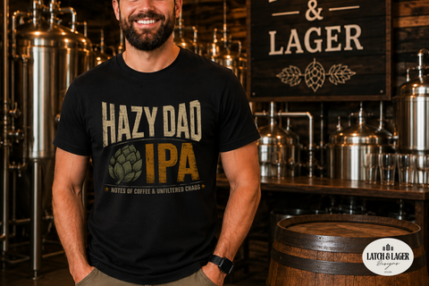 Man wearing a black t-shirt with 'Hazy Dad IPA' design in a brewery setting.