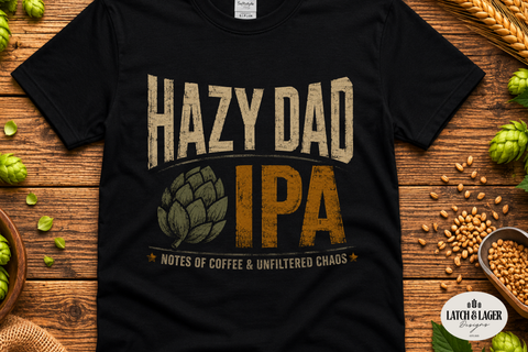 Black t-shirt with 'Hazy Dad IPA' design on a wooden surface with beer ingredients.