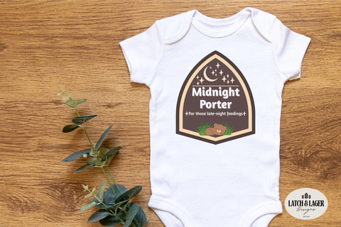 White baby bodysuit with Midnight Porter design
