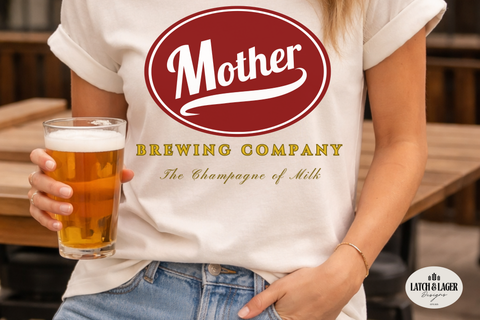 Person wearing a 'Mother Brewing Company' t-shirt holding a glass of beer.